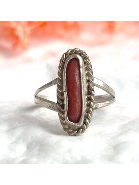 Coral Accented Oval Navajo Southwest Sterling Silver 925 Vintage Ring - sz 5.25